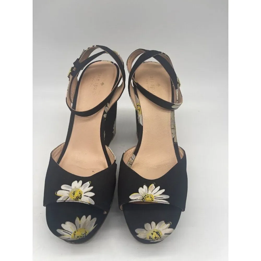 Kate Spade Dellie Women Black Canvas Floral Print Platform Wedge Size 10M